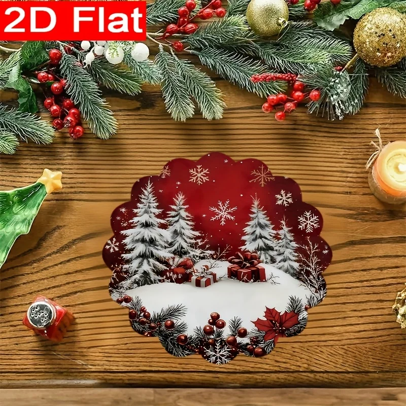 VIKAMA Round Scalloped Christmas Placemats Snowy Pine Tree Gift Linen Mats Non-Slip Wipe Clean for Winter Xmas Table Decor