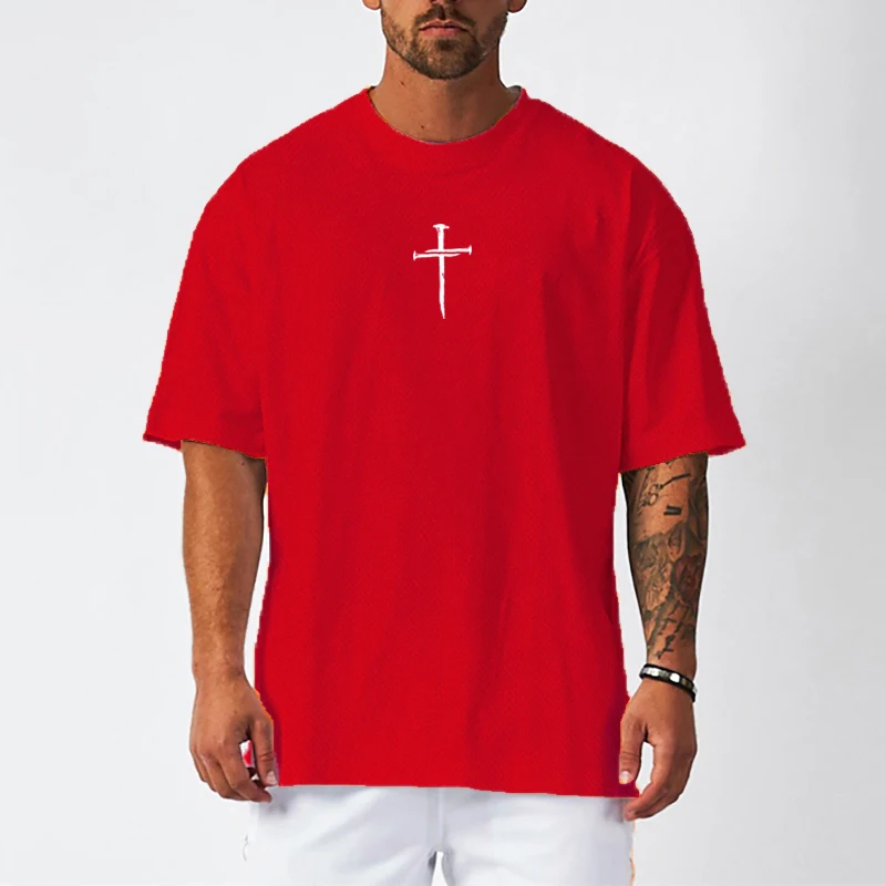 Personalized Cross Print Mens Fitness Shirts Oversized Mesh Quick Dry Short Sleeve T-shirts Gym Bodybuilding Training Sport Tops