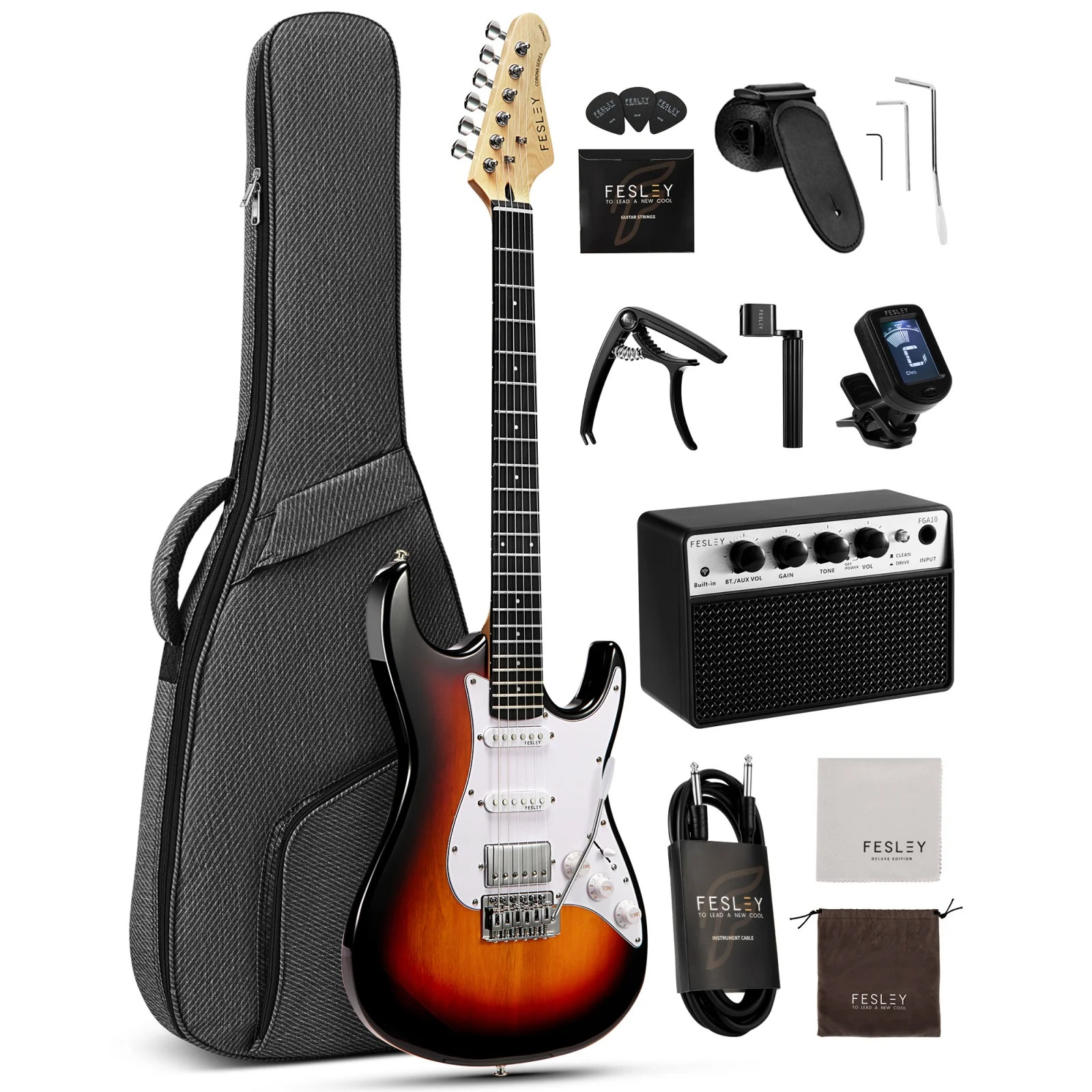 Fesley 39 Inch Electric Guitar, Beginner Electric Guitar Kit with HSS Pickup, Bag, Strap, String, Cable, Picks, FST100, Sunburst