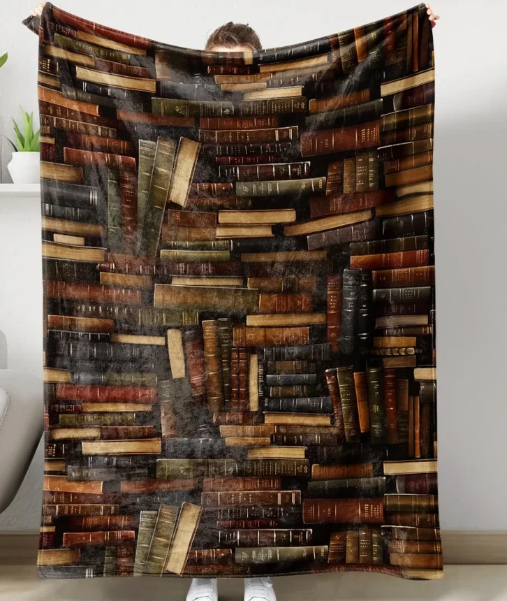 Vintage Books Blanket, Custom Name Library Soft Cozy Sherpa Throw Blankets, Bookshelf Blanket Gift Book Lover, Bookworm Blanket