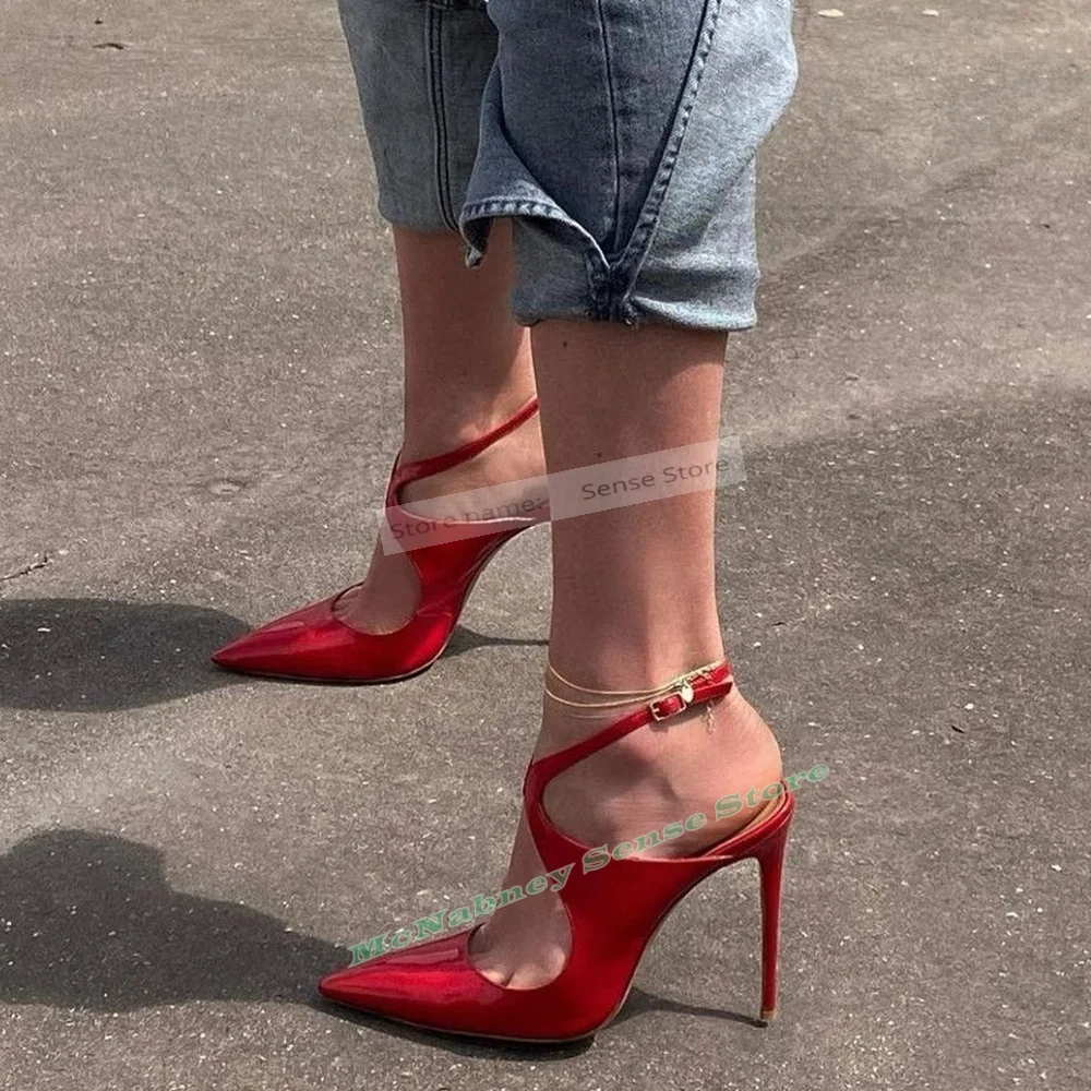 

Red Stylish High Heeled Shoes Pointed Tee Party Sandals Thin High Heels Women Shoes Spring Solid Buckle Straps Ankle Designer