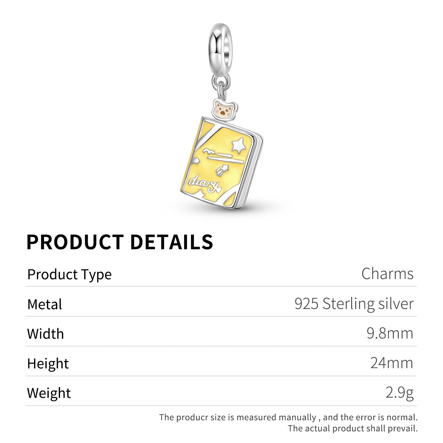 925 Sterling Silver Little Bear Diary Yellow Book Irregular Pendant Charm Bead Fit Original Bracelet Diy Jewelry Accessories