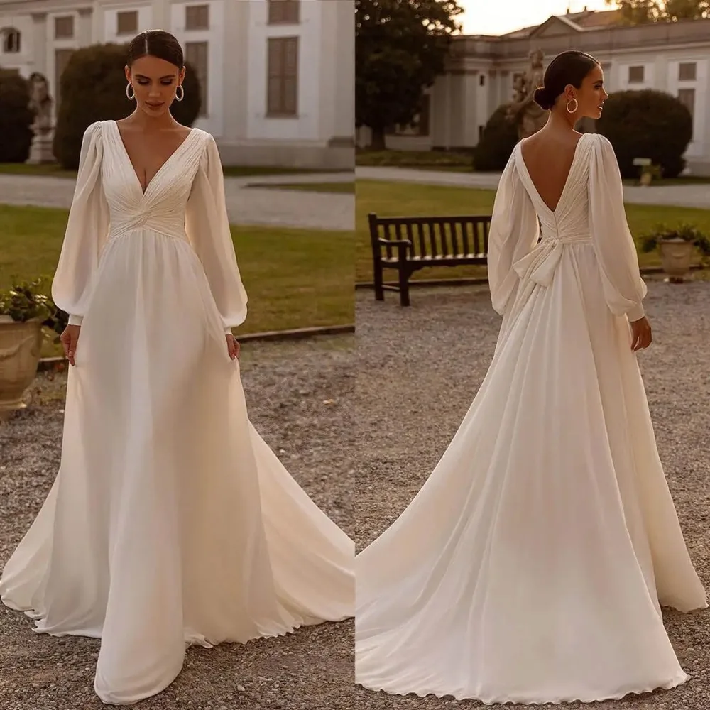 

Simple A Line Wedding Dresses Long Sleeve V-Neck Backless Floor Length Bridal Gown Sweep Train Customized Vestido De Noiva