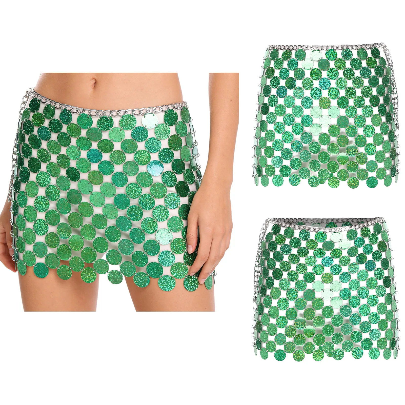 

Women Fashion Sequins Dots Skirt Shiny Low Waist Chain Hip Skirt with Adjustable Lobster Clasp for Disco Concert Rock Musical