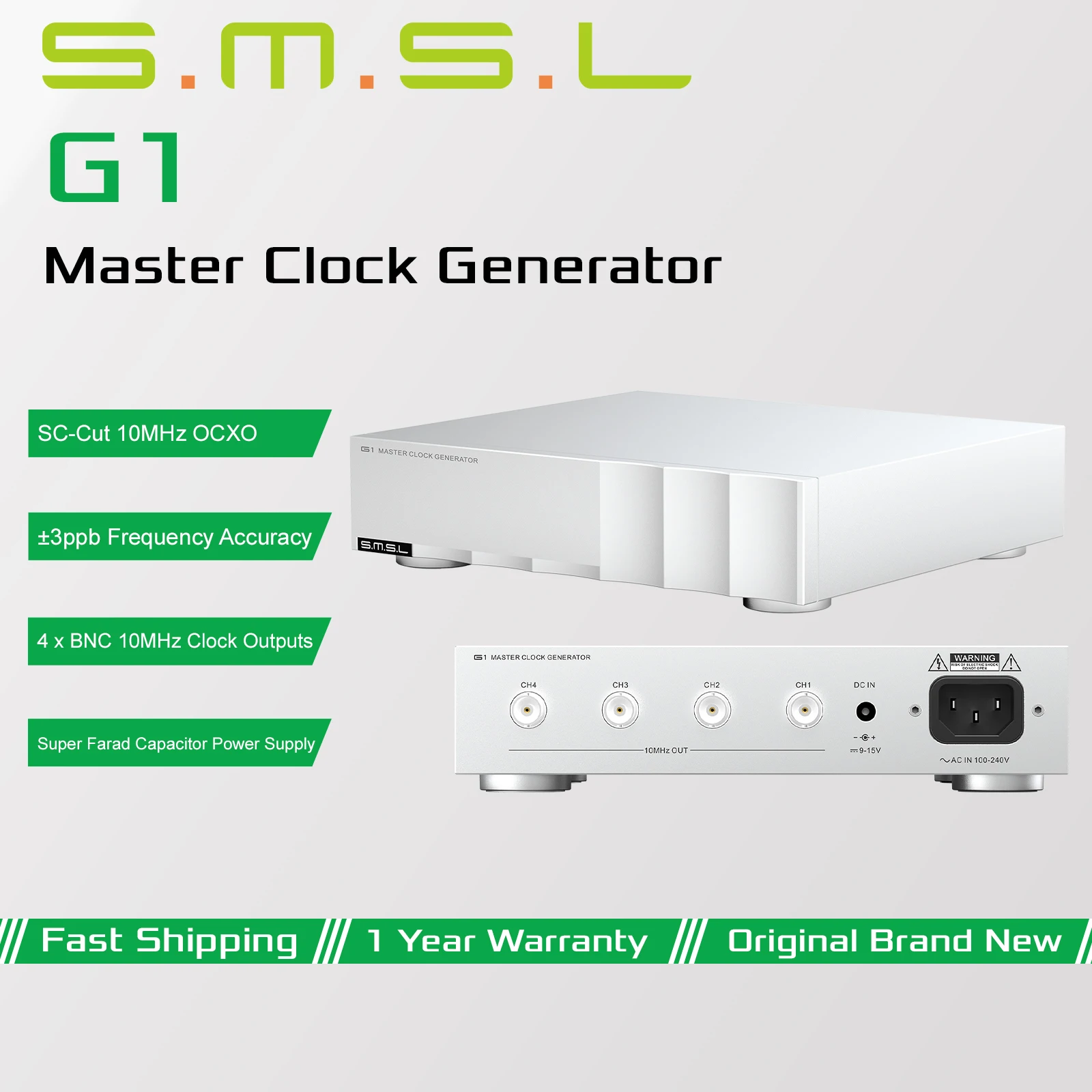 SMSL G1 xternal Master Clock High Precision SC-Cut 10MHz OCXO BNC 10MHz Clock Output ±3ppb Frequency Accuracy for Audio Decoder