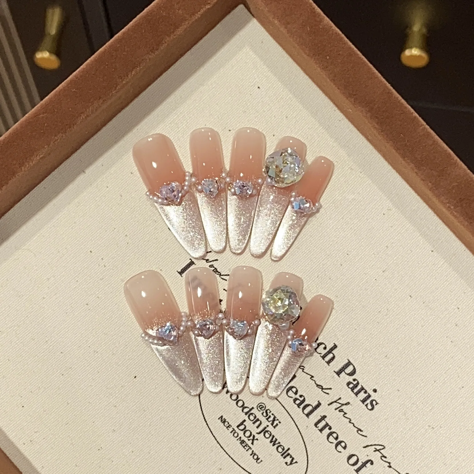 

10 шт. длинные французские миндалевидные ногти ручной работы «кошачий глаз» накладные ногти 3D цветы носимые наклейки на ногти накладные ногти