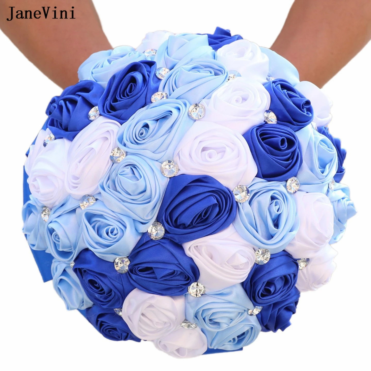 JaneVini 2024 Elegant Royal Blue White Flowers Bridal Bouquets Artificial Satin Roses Wedding Fake Bouquet for Bride Customized