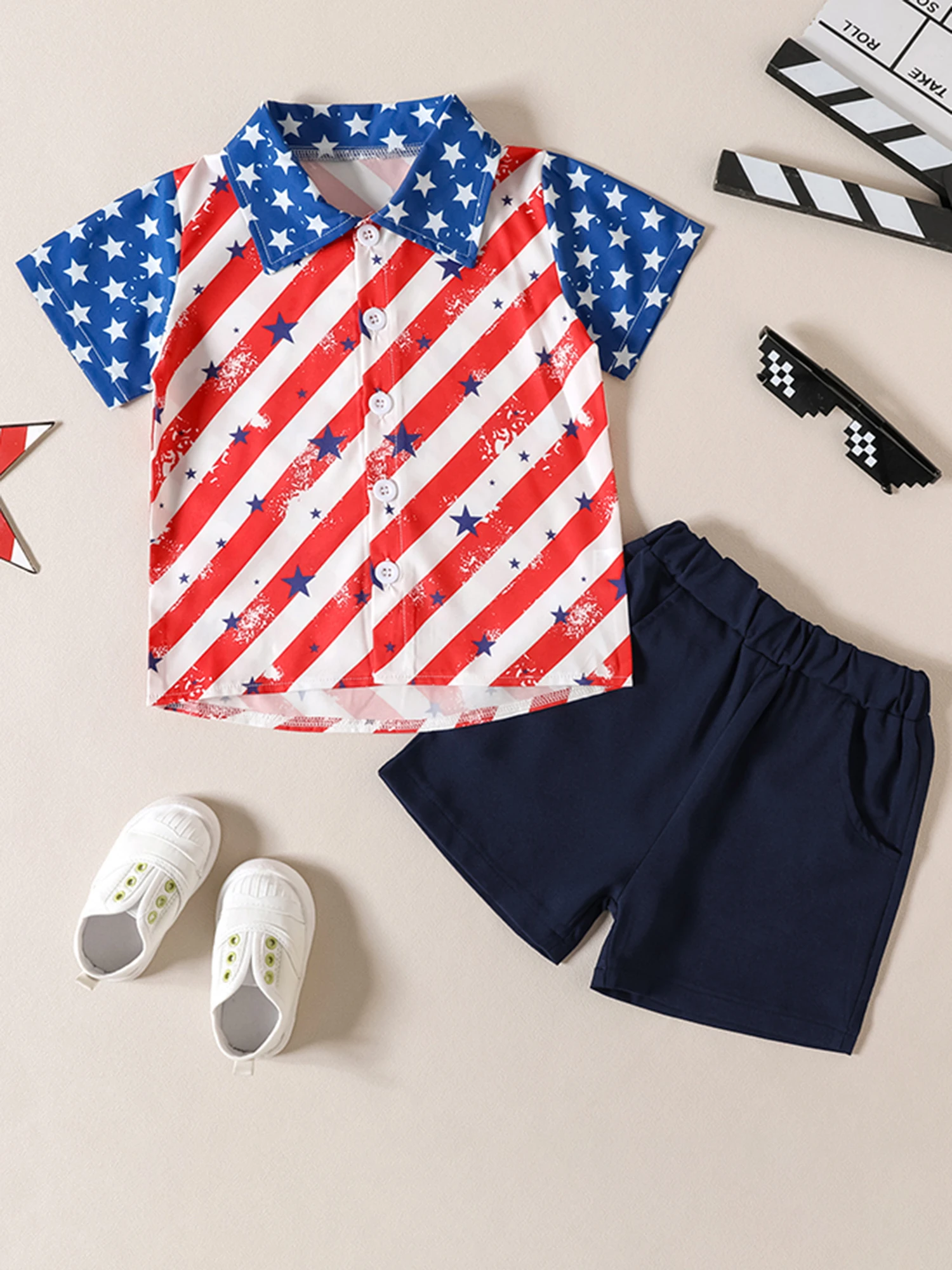 

Baby Boys Independence Day Outfit Sleeveless American Flag Print Romper Denim Shorts Set for 4th of July