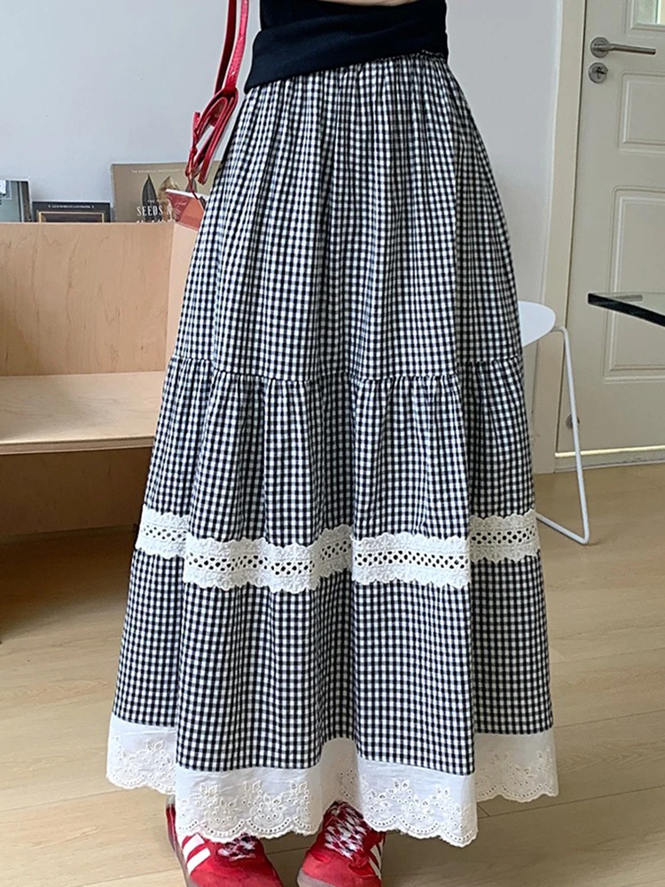 Harajuku Long Plaid Skirts Women Summer Retro Fashion High Waist Lace Skirt A-line Jupe Femme