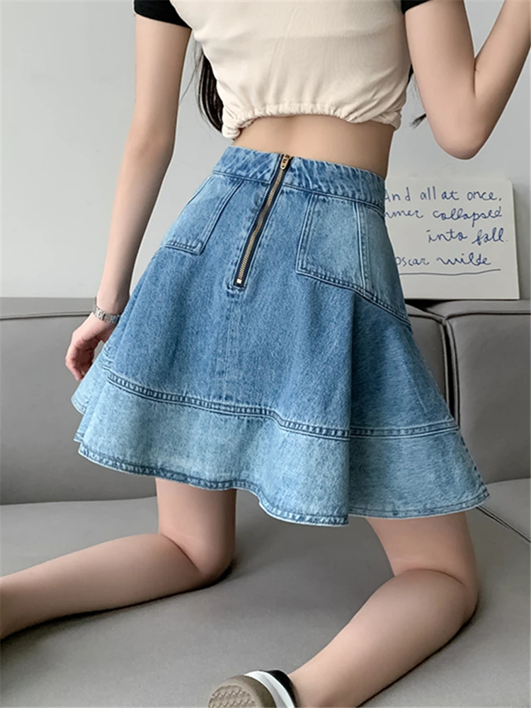 Seoulish High Waist Gradient Womens Denim Skater Skirts Spring Summer Vintage Blue Jeans A-Line Sexy Mini Skirts Female 2023 New