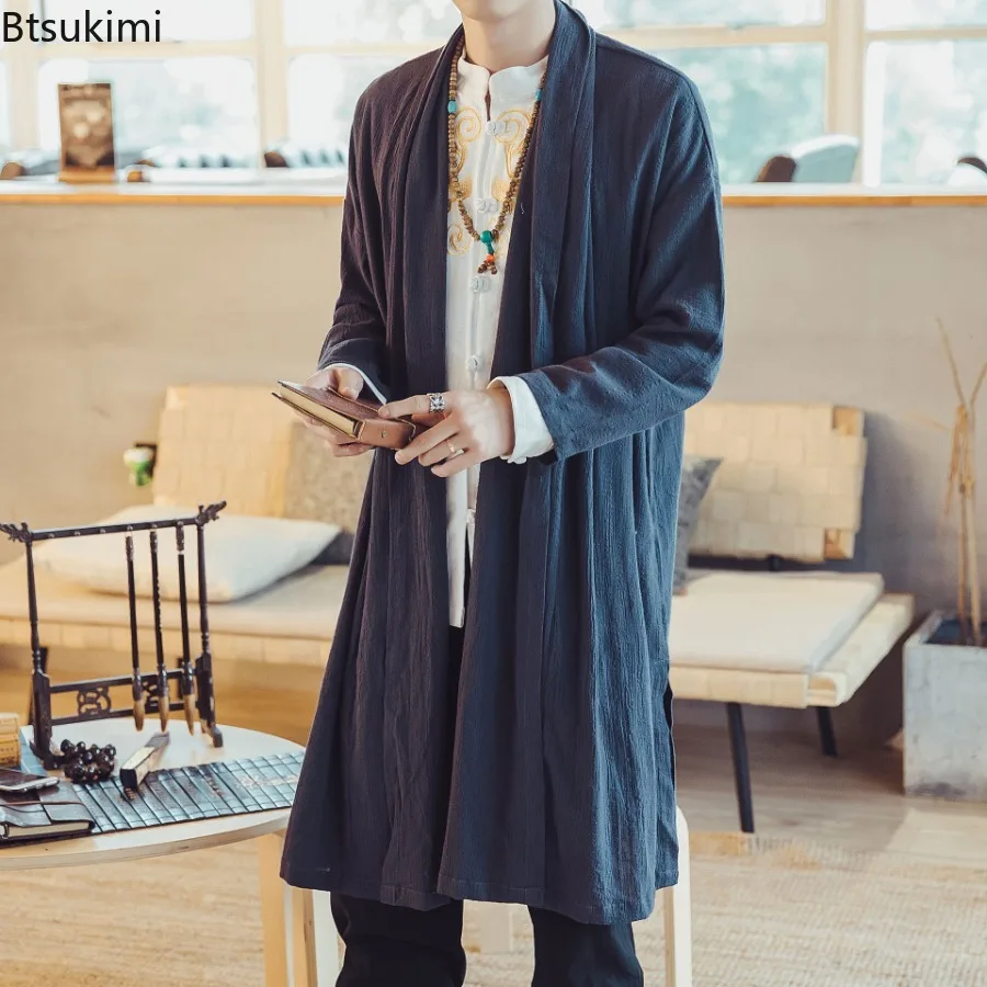 2026 Men's Loose Casual Cotton Linen Trench Coats Chinese Style Long Cardigan Jackets Vintage Streetwear Spring Autumn Outerwear