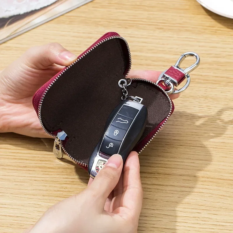 Leather Key Bag Zip Large Capacity Keychain Wallet Cute Coin Purse Short Small Mini Men's Waist Hanging Car Key Organiser Case