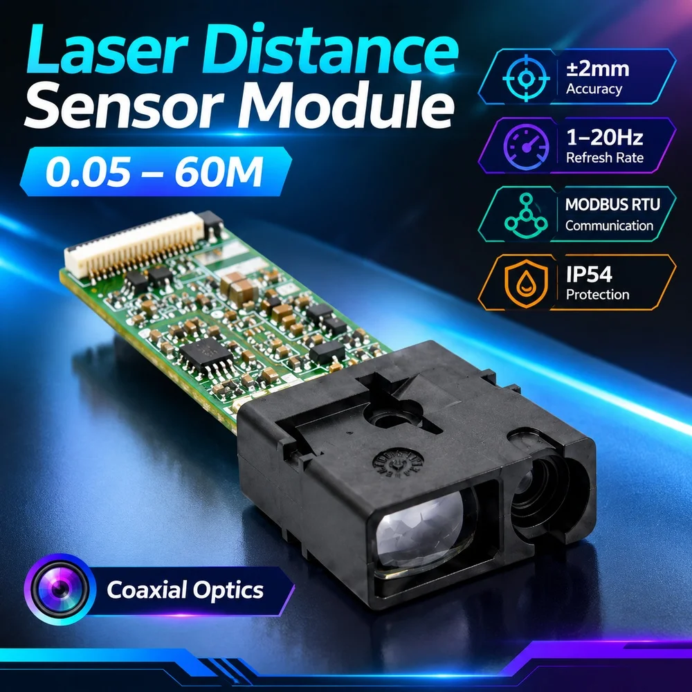 Laser Distance Sensor Module 0.05-60M ±2mm Accuracy 1-20Hz MODBUS RTU IP54 Mini Laser Ranging Module Coaxial Optics