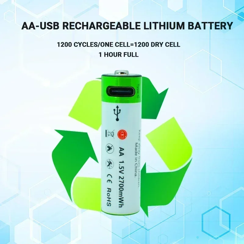 New AA battery 1.5V 2700mAh USB rechargeable lithium-ion battery, suitable for mouse, toy, clock, and remote control batteries