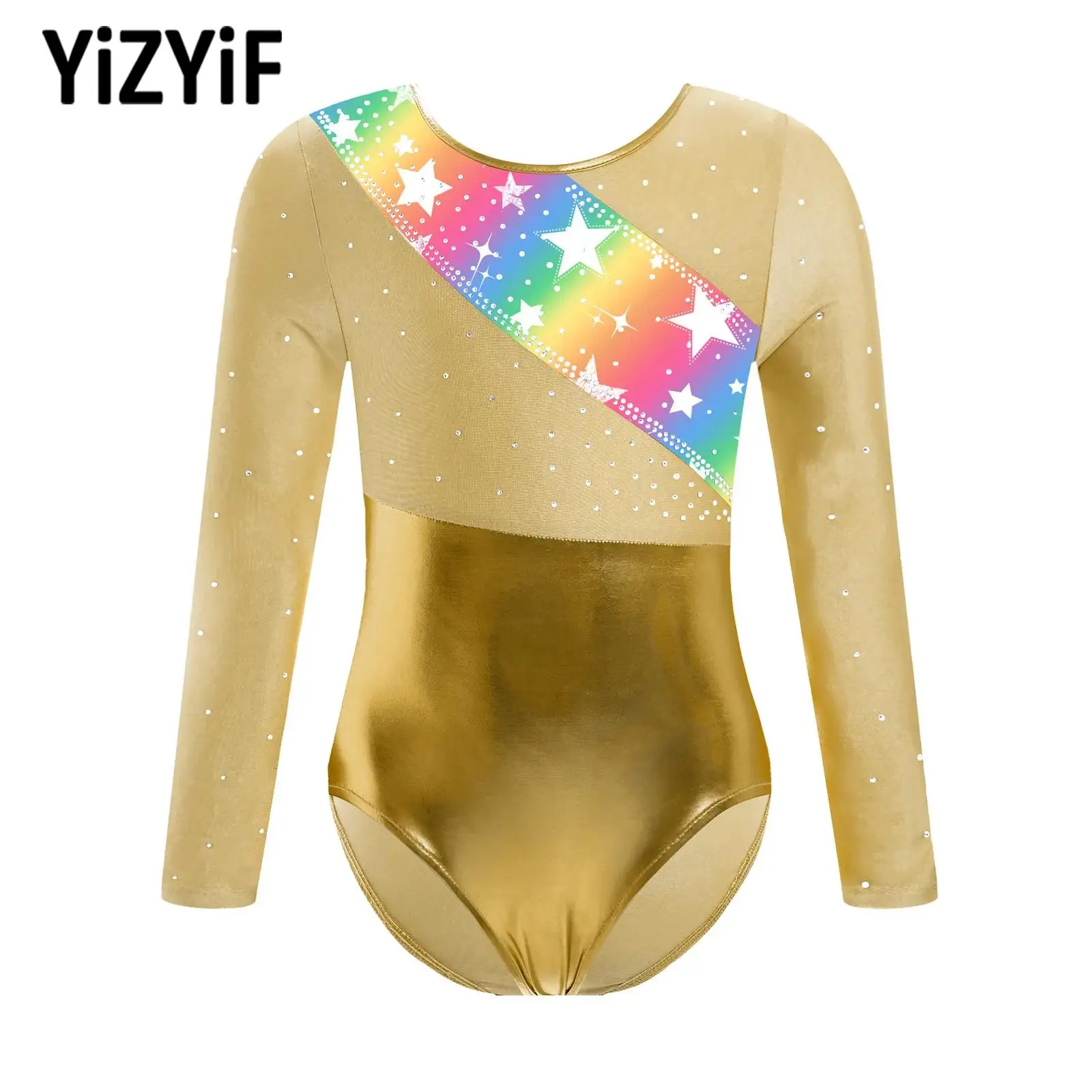 

Long Sleeve Rhythmic Gymnastics Jumpsuit for Girls Kids Metallic Patchwork Rhinestones Skating Bodysuits Ballet Dance Leotards