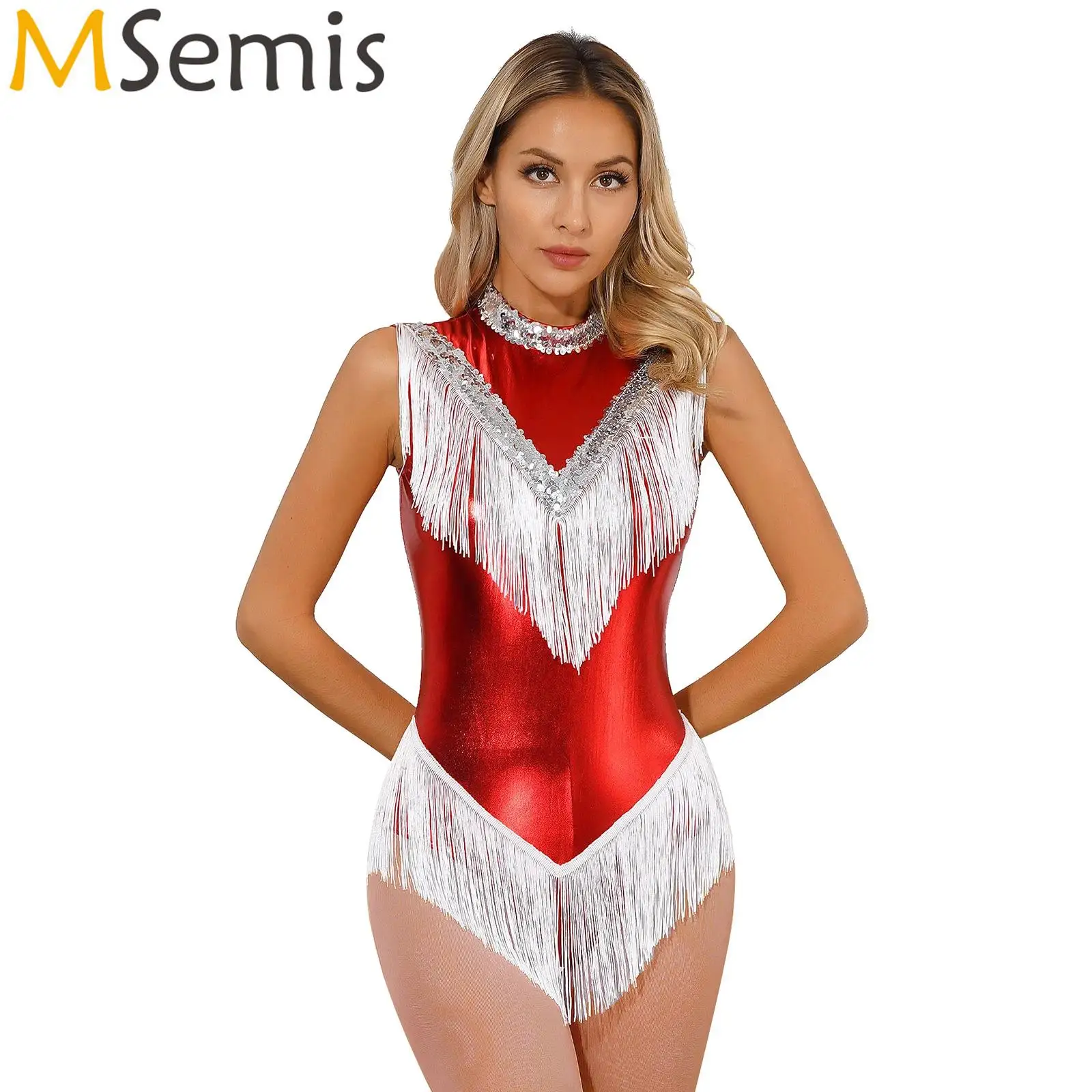 

Womens Metallic Fringed Gymnastics Tight Fitting Bodysuit Shiny Sequins Mock Neck Tassel Leotard Latin Dance Performance Costume