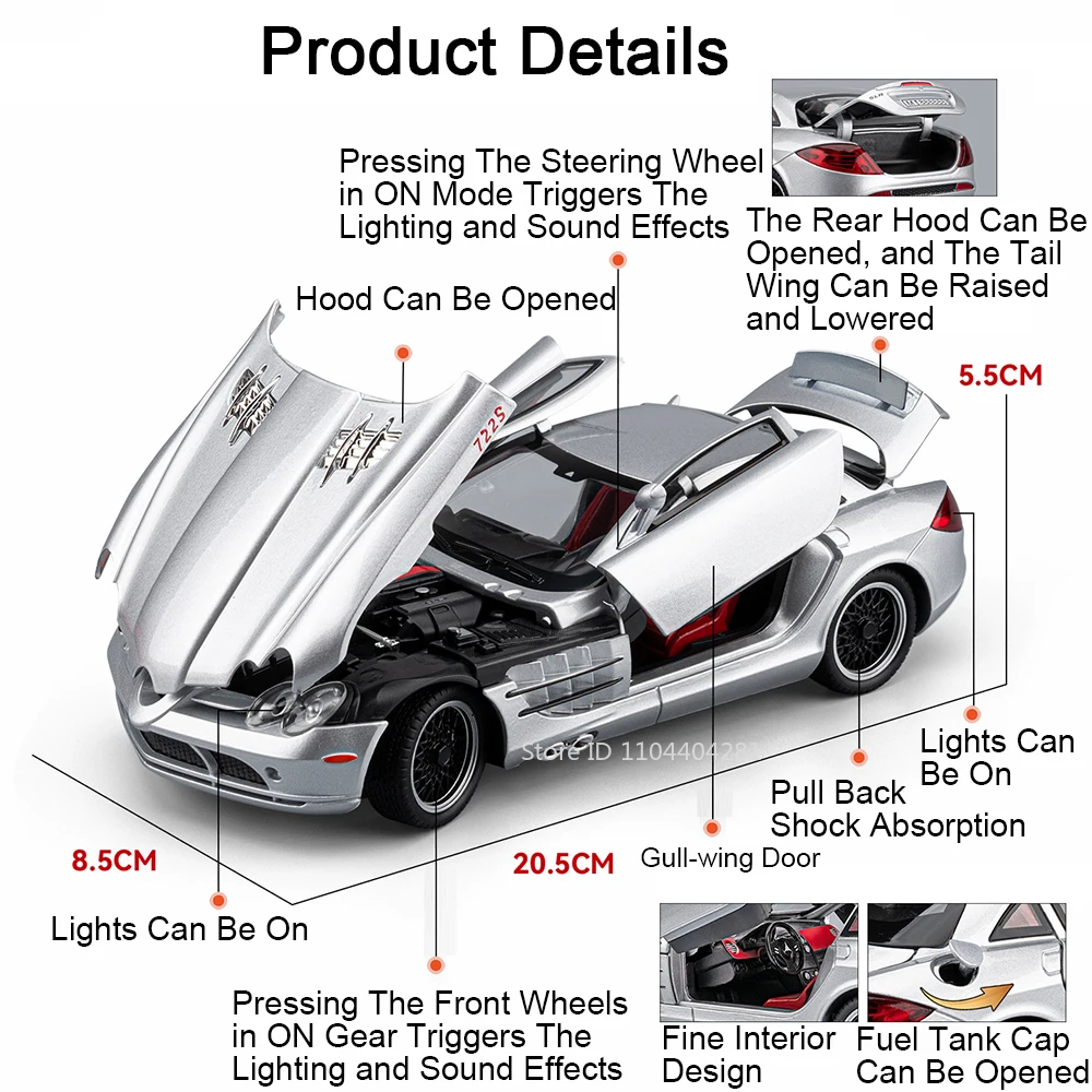 1:24 SLR 722S GT 合金スポーツカーモデル ダイキャストおもちゃ サウンドライト付き プルバック ドア開閉 ミニチュアカー 男の子 クリスマスプレゼント
