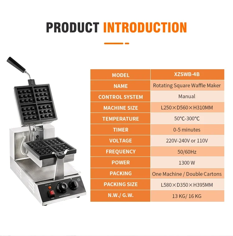 Belgium Waflera Making Machine For Small Business Nonstick Plate 4 Slice Commercial Rotary Square Waffle Makers With CE