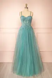 Sweetheart A-line Tulle Graduation Dresses Spaghetti Straps Backless High Split Princess Dress Lace Appliques Sequins Party Gown