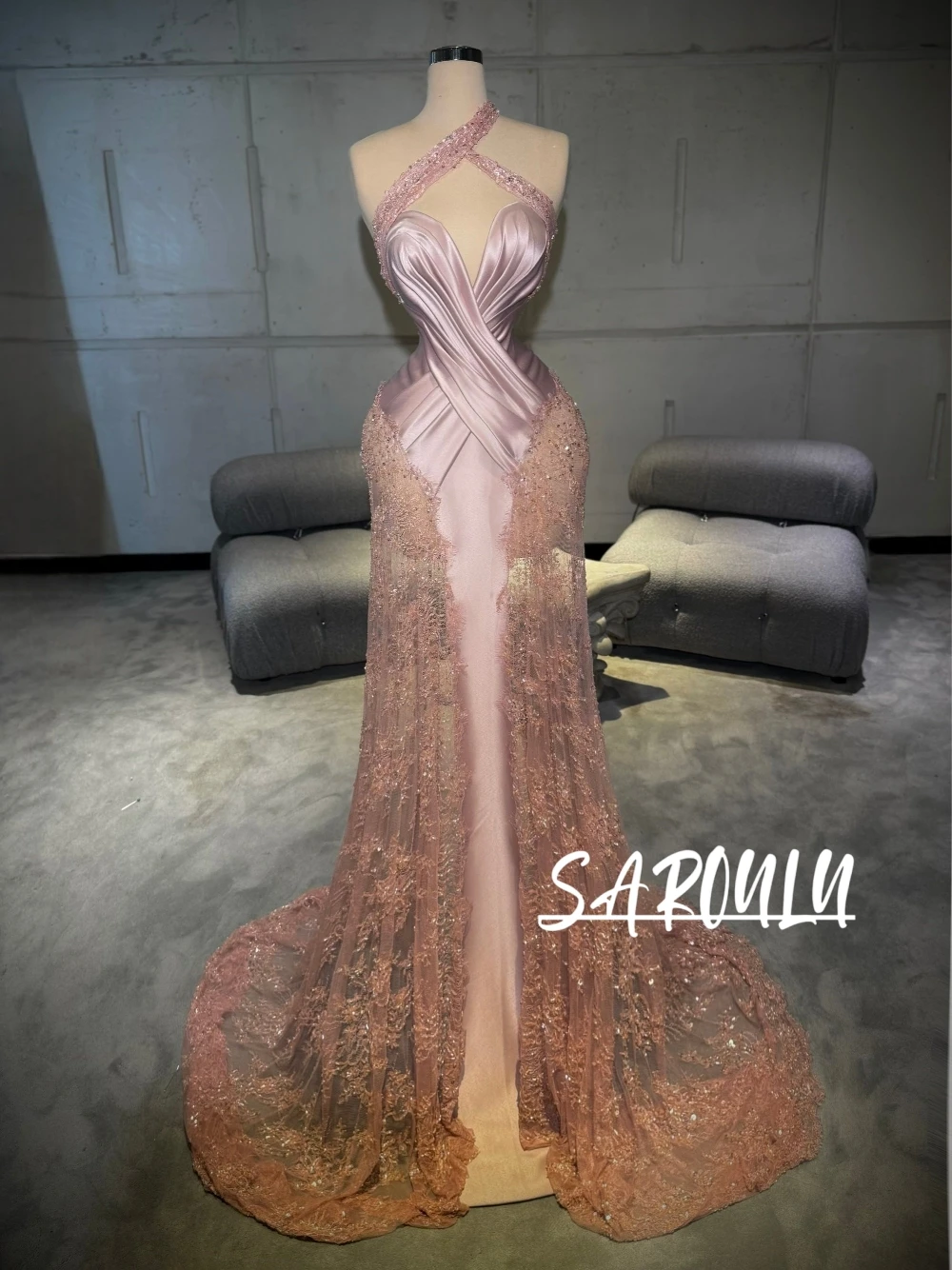 

Criss-cross Satin Pink Sculpted Sweetheart Bust Evening Dress Romantic Lace Dazzling Mermaid Customized Charming Cocktail Gown