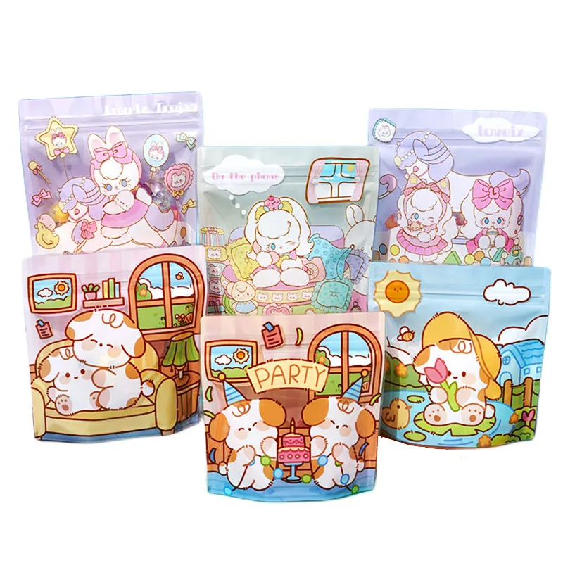 50X Cute Cartoon Snack Self Sealing Bags Small Stand-up Bag Clear Reusable Pouches For Biscuit Candy Baking Food Storage Package