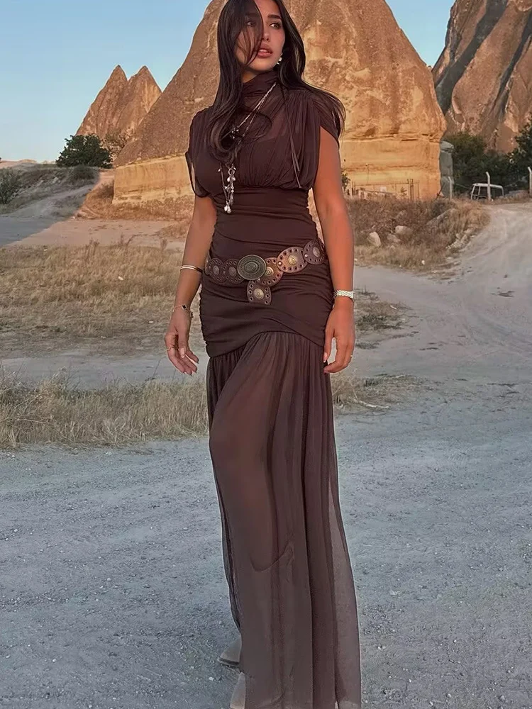 Tfmln moda sem mangas vestidos longos para mulheres temperamento meia gola alta emendado plissado férias festa vestido de noite