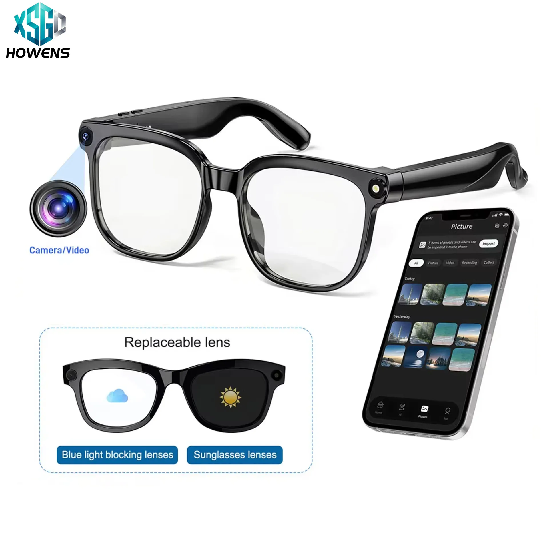 

HOWENS 800W Pixel Camera Smart Glasses Men Video Recording AI Photo Recognition Bluetooth Call Voice Translation Sunglasses Man