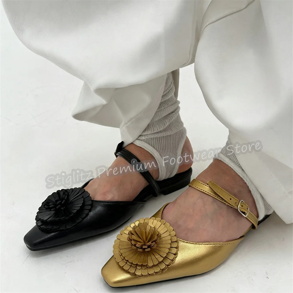 Women Sunflower Decor Pointed Toe Flat Slippers Fashion Buckle Strap Shallow Slingback Pumps Elegant Wedding Party Dress Shoes