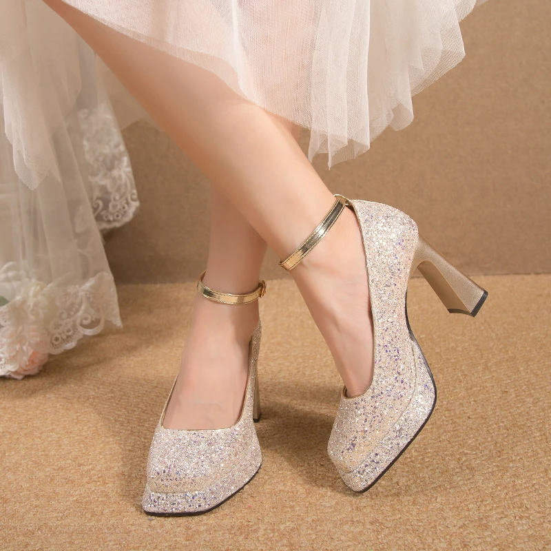 Waterproof Table Thick Heel New Mary Jane Crystal Shoes  Wedding Shoes Bride Shoes Small Square Head High Heels Women