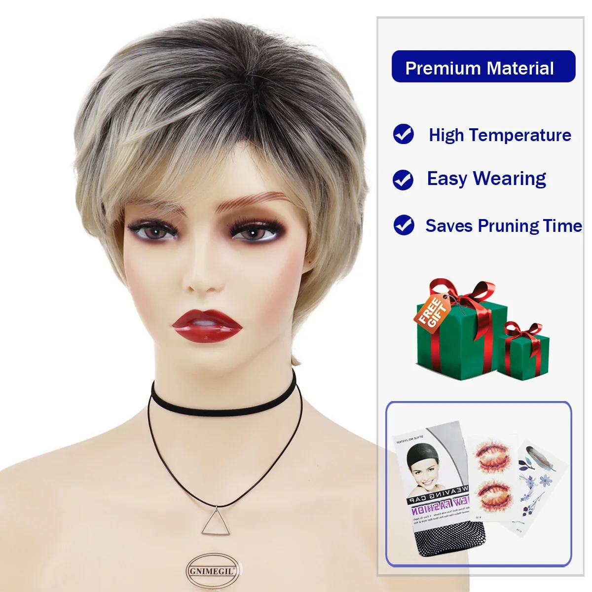 GNIMEGIL Synthetic Ombre Blonde Wig with Bangs Pixie Cuts Short Wigs for Women Dark Roots Natural Hair Female Cosplay Mommy Wigs