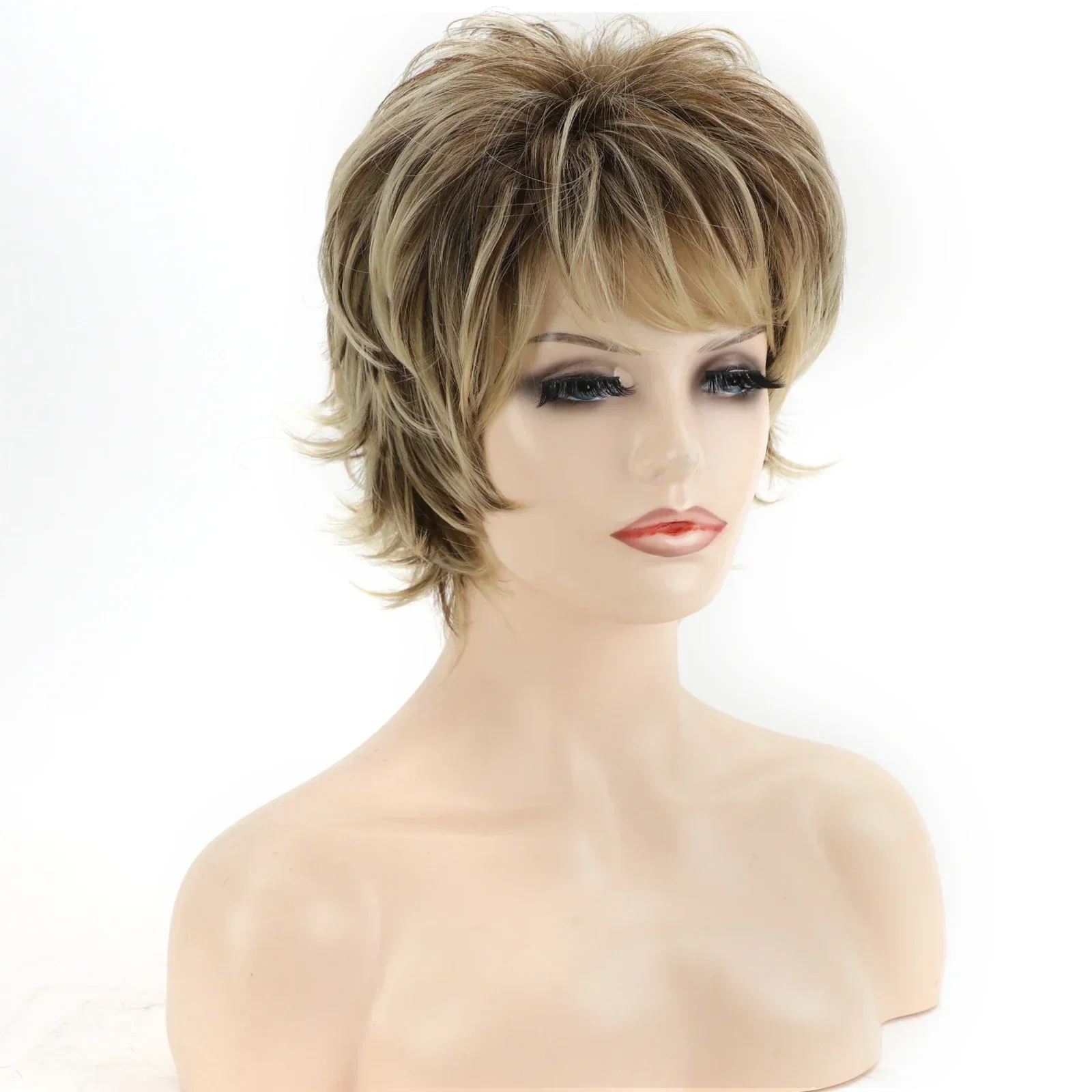 Women\'s Fashion Short Synthetic Wigs Pixie Cut Blonde Ombre Hair Costume Party Female Natural Curly Wavy Wig