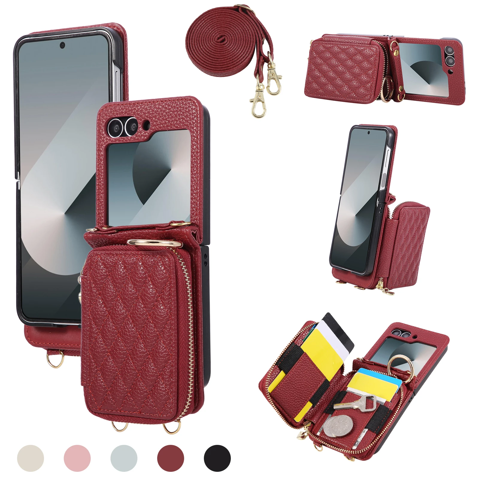 Bandolera con cremallera tarjetas Solt cartera Funda de cuero para Samsung Galaxy Z Flip 7 7FE 6 5 4 3 bolsa con cordón largo cubierta de soporte de anillo de rejilla