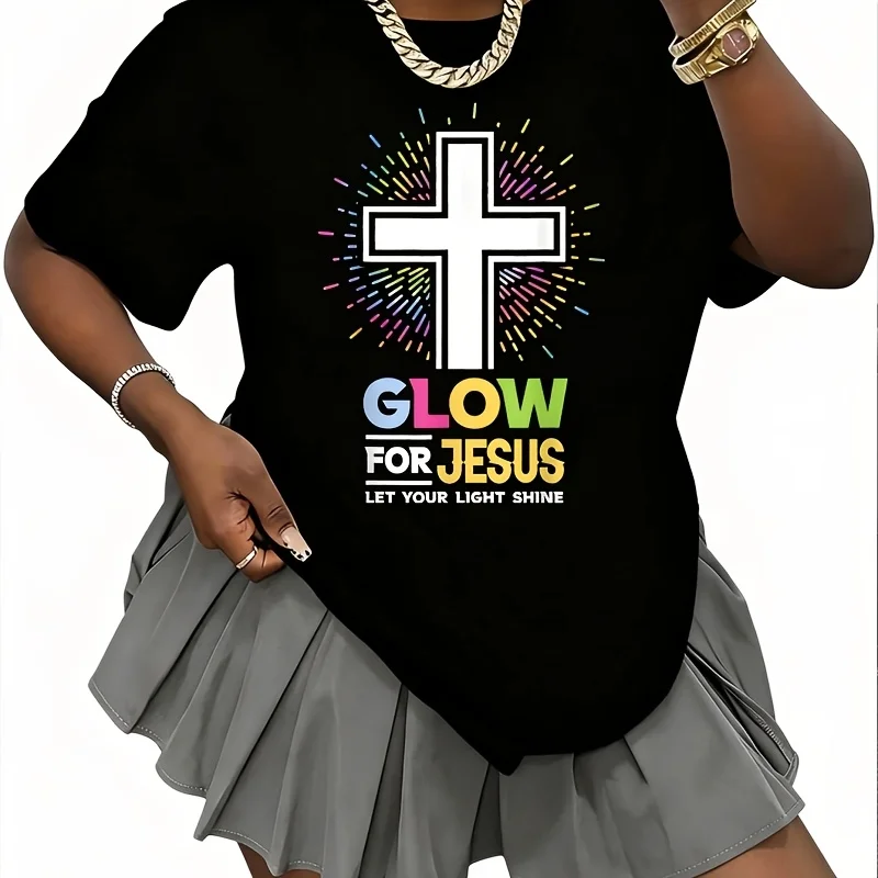 Glow for Jesus Christian Cross Tee Jesus Christ Bible Lover Women's 100% Cotton T-Shirt Short Sleeve Top Casual Round Neck Fun Print Tee S-5Xl