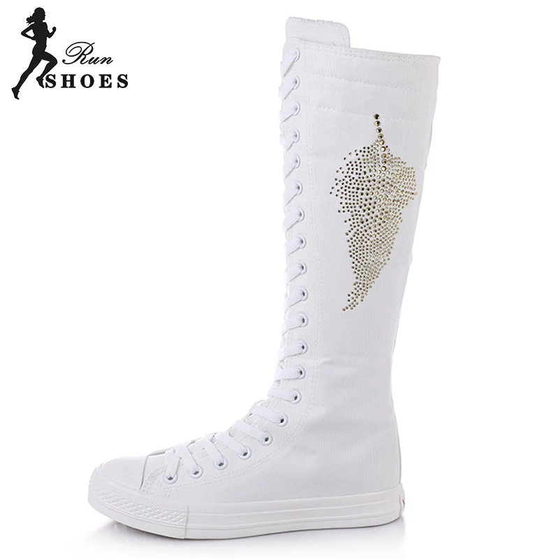 High Top Women\'s Canvas Shoes Diamond Knee High Boots Cheerleaders Dance Shoes Lace-Up Comfortable Flat Platform Vulcanized Shoe