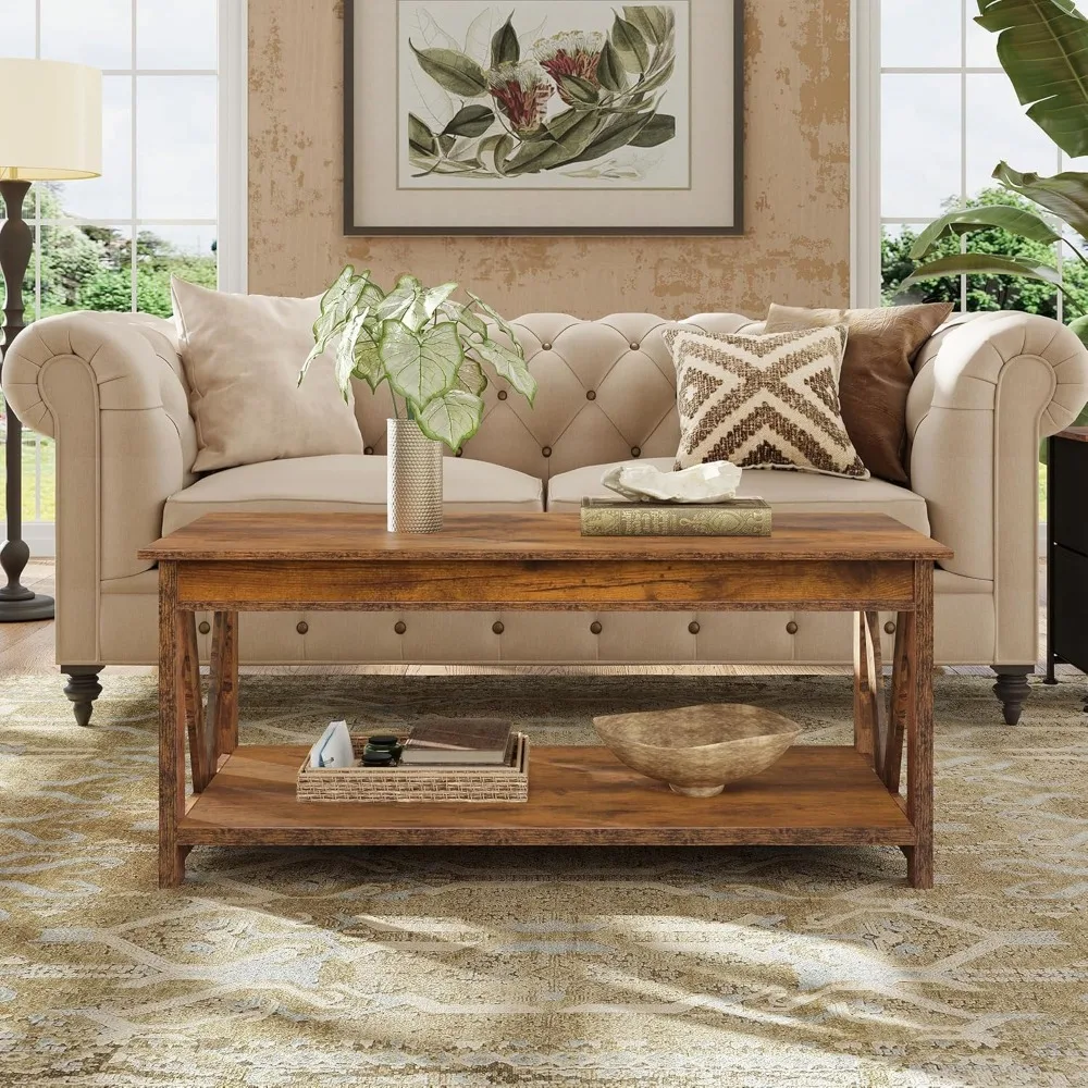 Table basse marron rustique avec étagère de rangement, table centrale pour le salon, la chambre à coucher, le bureau et le balcon, 43 po