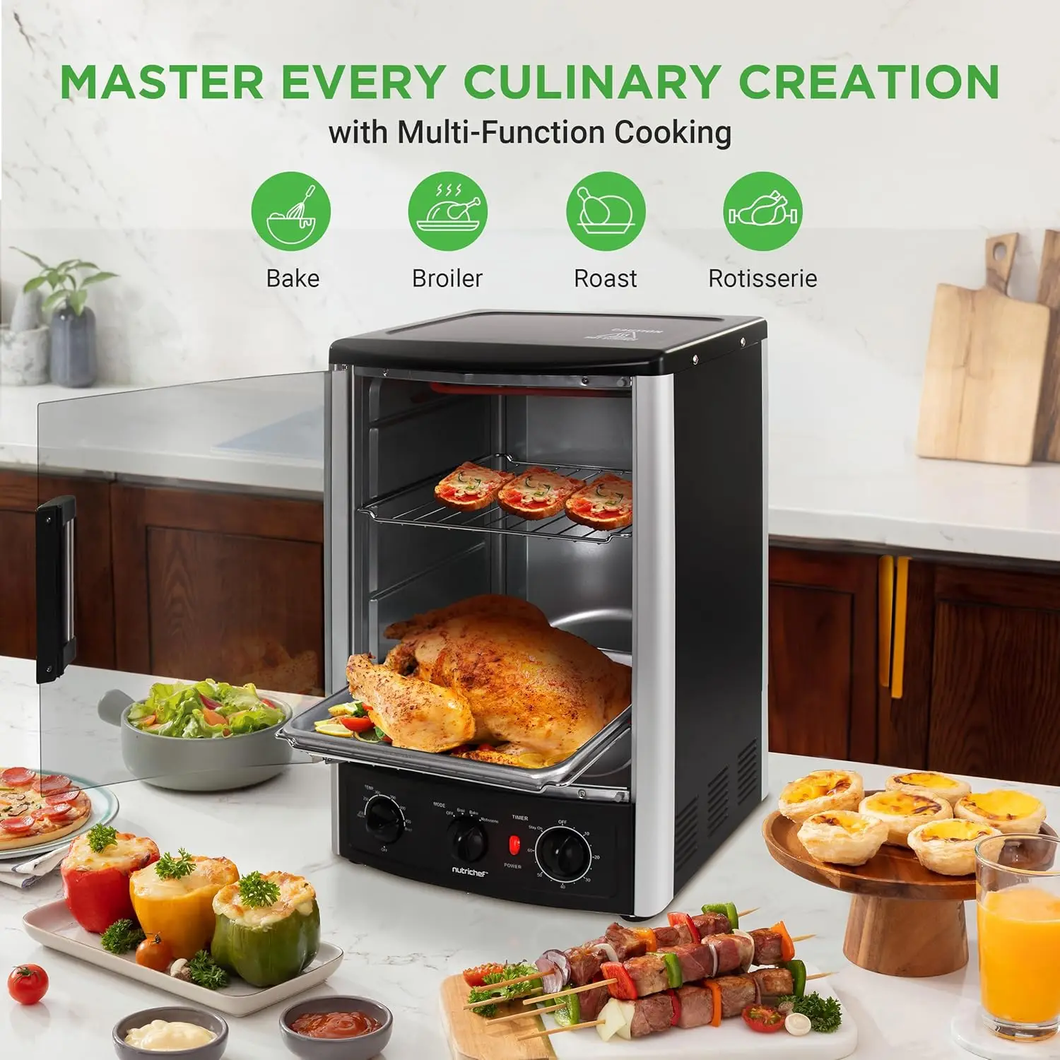 with Rotisserie, Bake, Broil, & Kebab Rack Functions  Adjustable Settings  2 Shelves  1500W  Thanksgiving Turkey  Includes