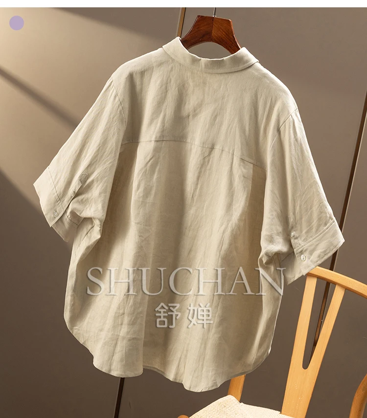 قميص نسائي عالي الجودة 100 كتان مخطط كبير بندول قوس سبعة كم قميص نسائي 49C0 Blusas Mujer De Moda 2025