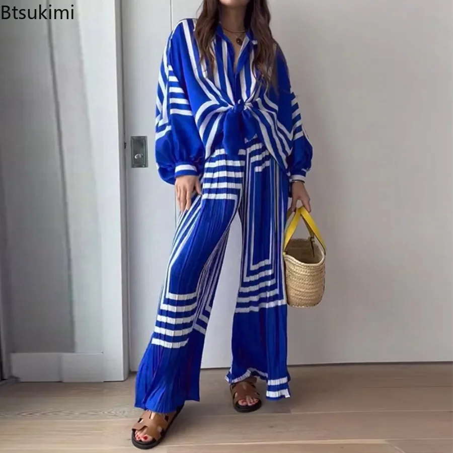 New 2026 Women's Striped Print Pants Sets Fashion Casual Lantern Sleeve Shirt and Wide Leg Pants Two-piece Sets Women Streetwear