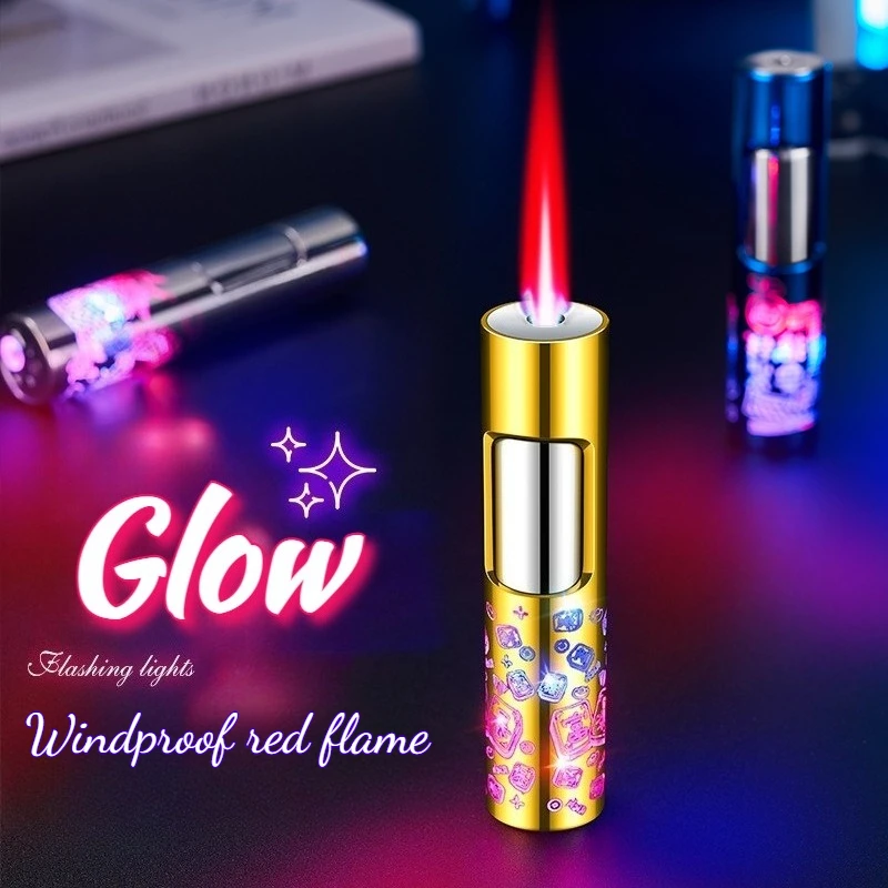 

Metal Flash Windproof Lighter Personalized Creative Pattern Charming Red Flame Small Cylindrical Men's Smoking Cigarette Lighter
