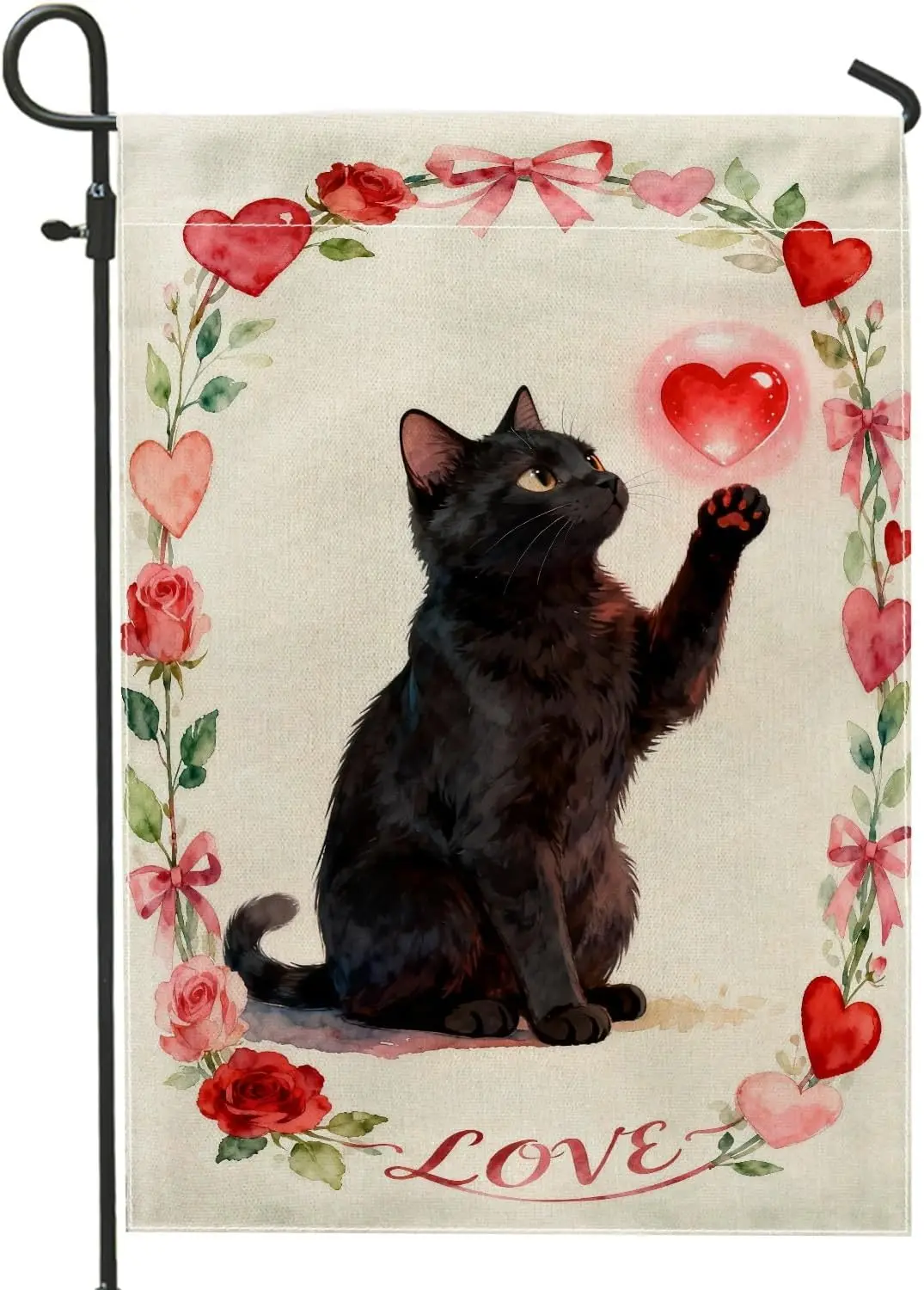 Cat Garden Flag, Romantic Fanciful Hearts Roses Valentine Red Burlap Double Sided Yard Decorative Flags for Outdoor Lawn Fro IIC