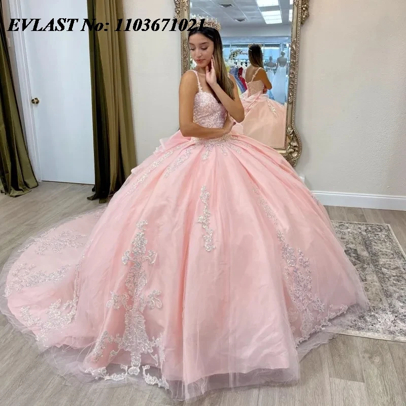 Evlast personalizado rosa quinceanera vestido de baile floral applique frisado arco méxico espartilho doce 16 vestidos de 15 anos sq566