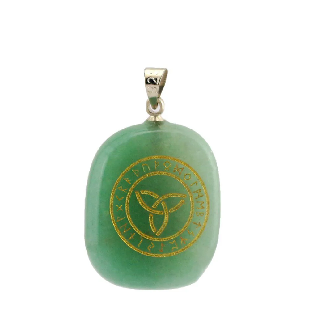 Natural Crystal Stone Charm Pendant Engrave Runes Triqueta Geometric Pattern Reiki Healing Necklace Religious Faith Jewelry