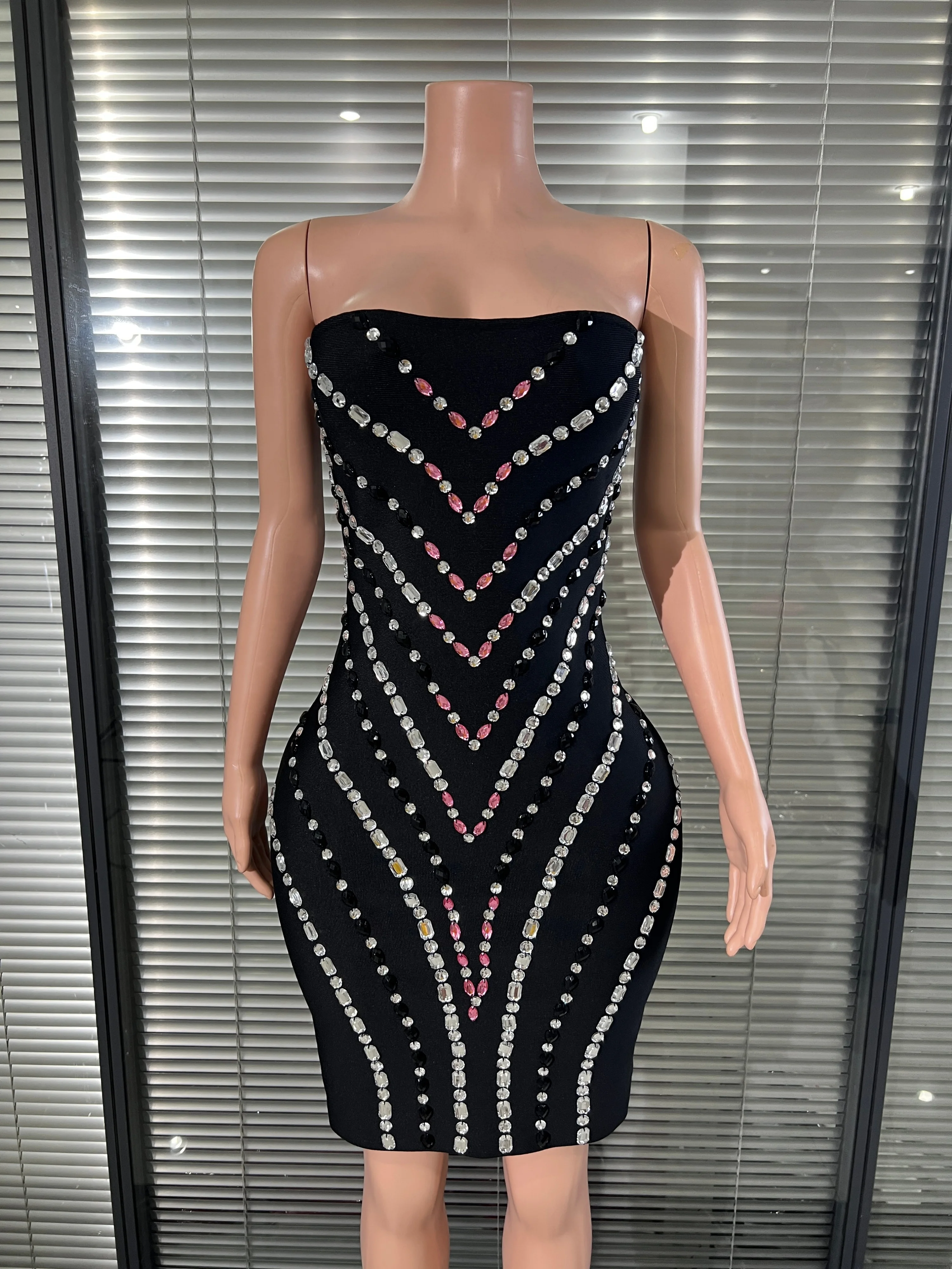 Female sexuality Strapless Black Bandage Mini Dress Pink Silver Crystal RhinestoneBodycon Nightclub Wedding Guest Outfit