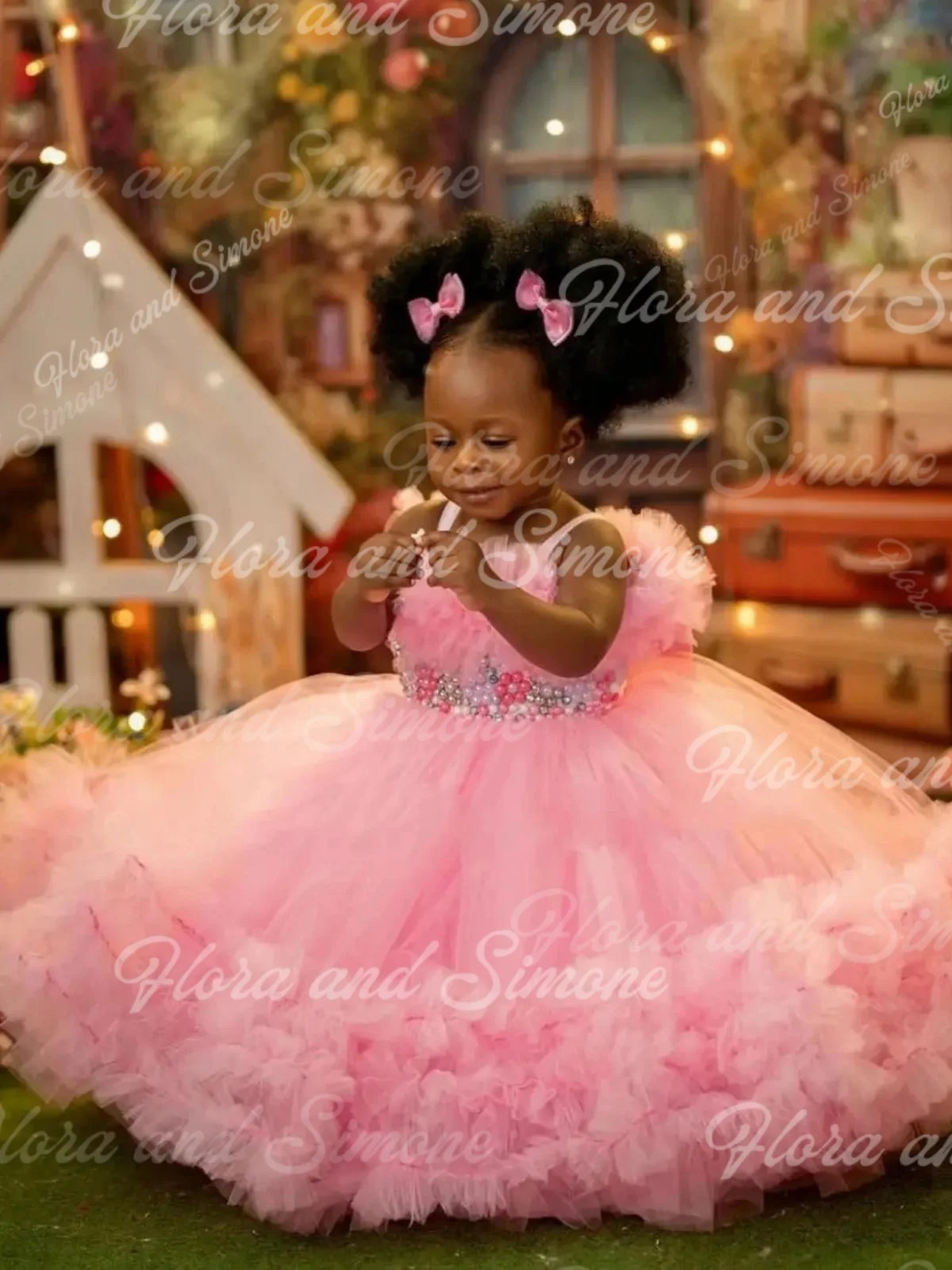 Pink Flower Girl Dress for Wedding Puffy Sequins Applique Tiered Sleeveless Kids Birthday Gowns Luxury Princess Dress Customized