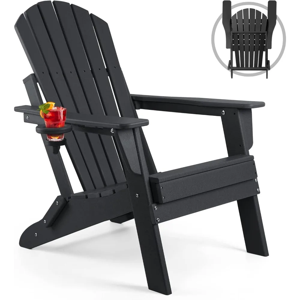 Folding Adirondack Chair, All Weather HDPE Fire Pit Chairs with Cup Holder for Outdoor