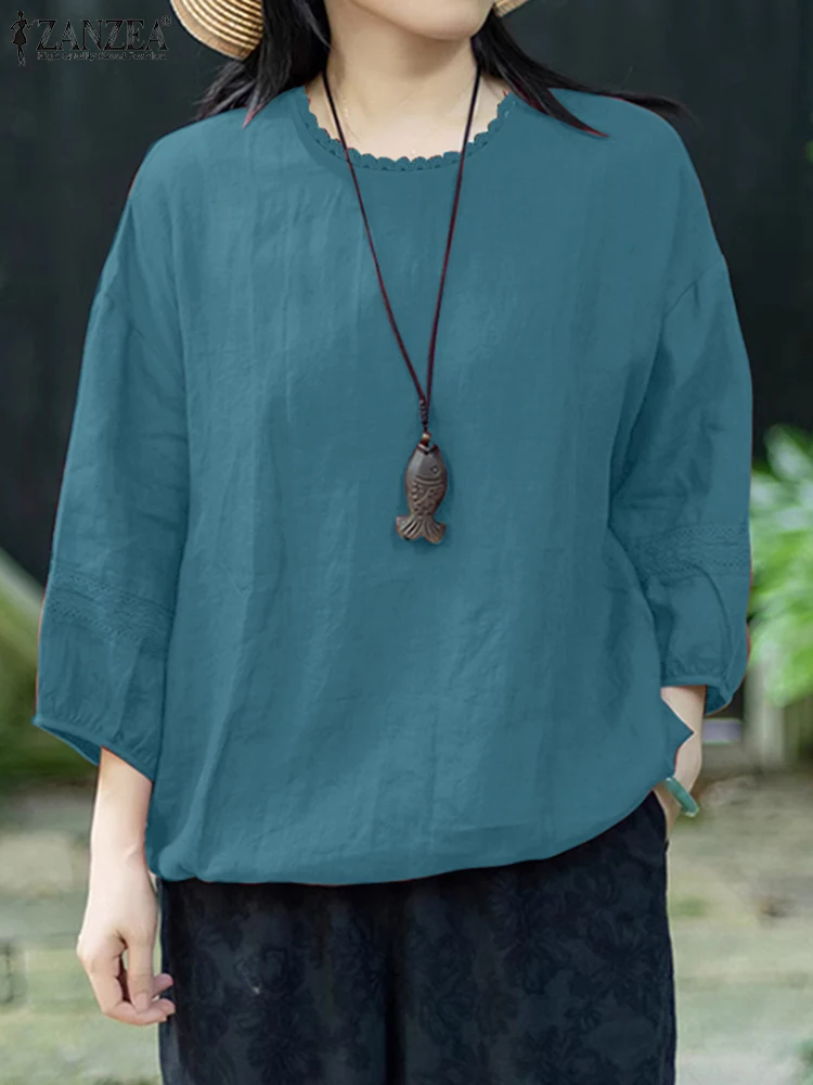 

ZANZEA 3/4 Sleeve Woman Blouses Casual Loose Lace Patchwork Day Wear O-Neck Blusas Mujer Solid Vintage 2025 Summer Tunic Tops