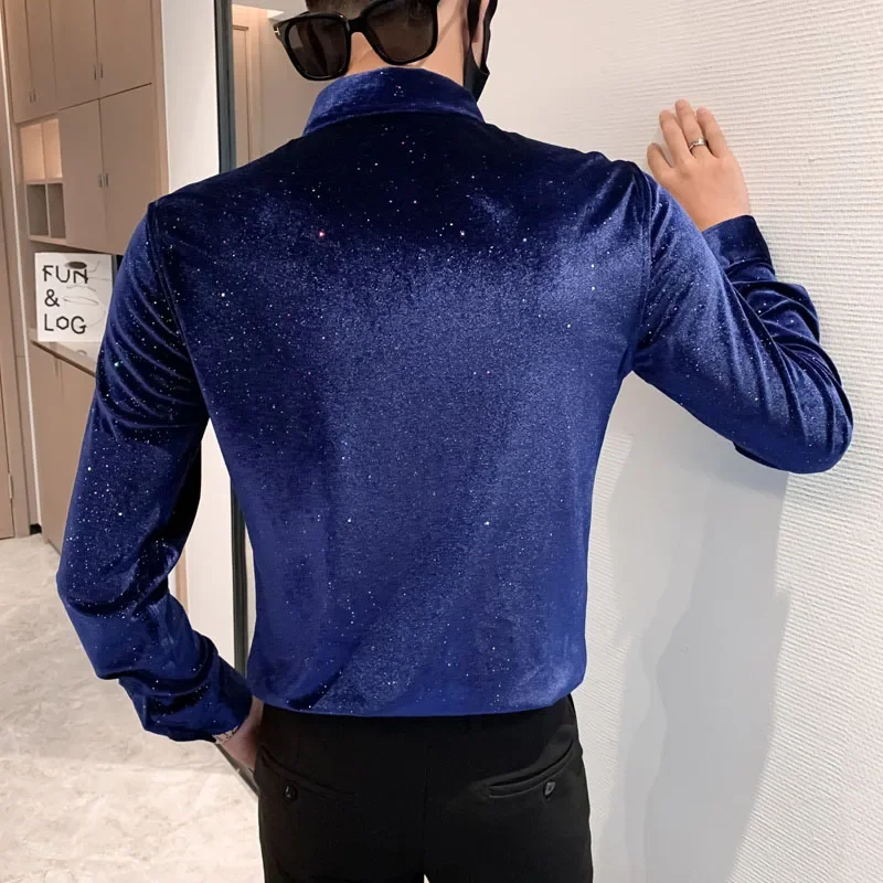 Spring Velvet Mens Multicolor Sequins Shirt Tops Fashion Turndown Collar Long Sleeved Chemise Homme De Luxe Slim Club Blouse Men