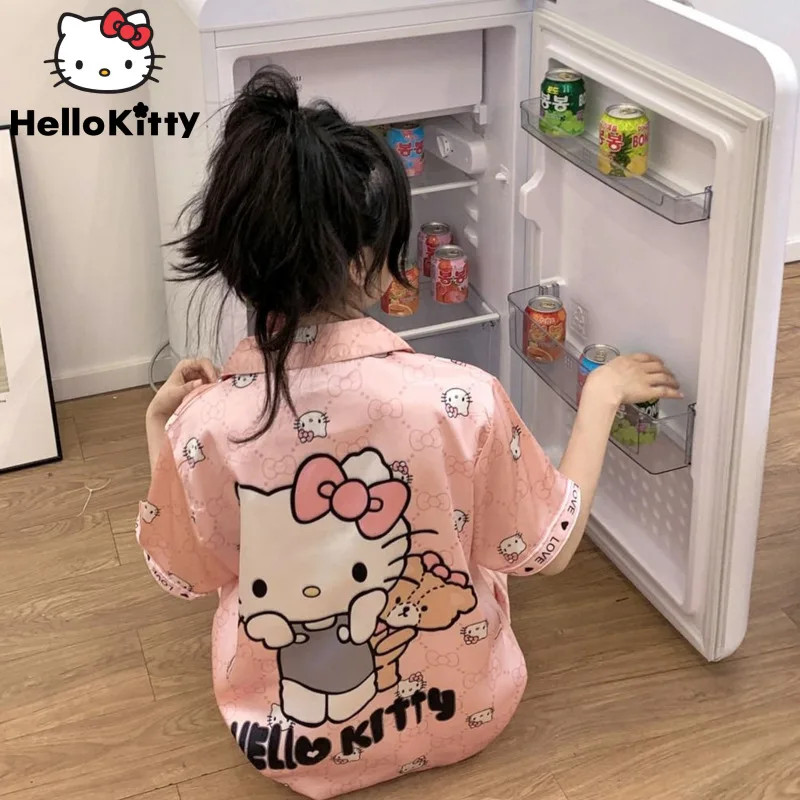 Sanrio Hello Kitty Summer Silky Pajamas Women Loose Top Shirt Shorts Home Clothes 2 Piece Matching Set Y2k Cute Sleepwear Suit