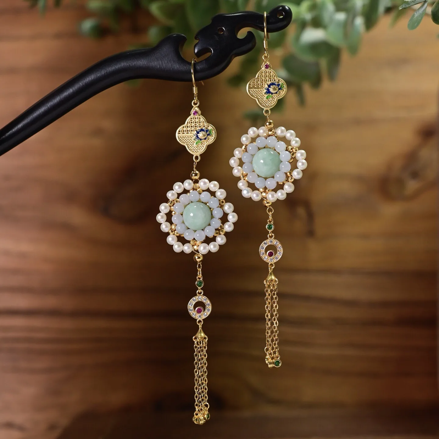Handmade Natural Grade A Two-Tone Jadeite Sunflower Earrings Four Leaf Clover Tassel Gilded S925 Silver Women Ear Jewelry