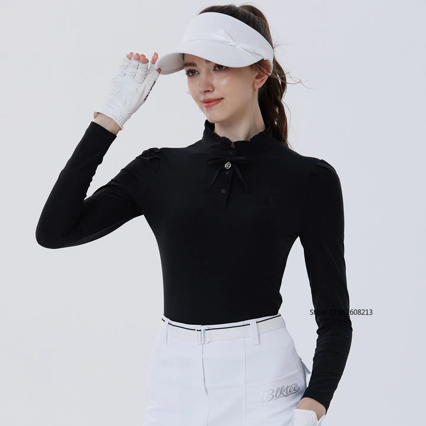 Blktee Spring Autumn Golf Polo Shirt Women Long-sleeved Bowknot Collar T-shirt Ruffle Breathable Jersey Korean Golf Tops S-XXL
